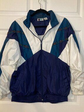 Vintage 80's Bolo Spirit Women's Teal/Navy/White Colorblock Windbreaker - Size L